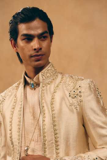 MUKTI AND KAVITH CASA_Ivory Satin, Linen, Silk Zari, Stones Sequin Embroidered Jacket And Kurta Set _Online_at_Aza_Fashions