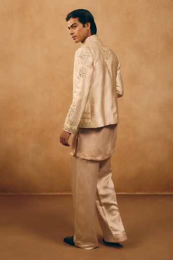 Shop_MUKTI AND KAVITH CASA_Ivory Satin, Linen, Silk Zari, Stones Sequin Embroidered Jacket And Kurta Set _at_Aza_Fashions