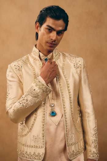 Buy_MUKTI AND KAVITH CASA_Ivory Satin, Linen, Silk Zari, Stones Sequin Embroidered Jacket And Kurta Set _Online_at_Aza_Fashions