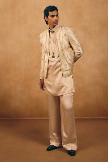 Buy_MUKTI AND KAVITH CASA_Ivory Satin, Linen, Silk Zari, Stones Sequin Embroidered Jacket And Kurta Set _at_Aza_Fashions
