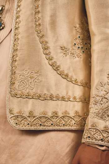 MUKTI AND KAVITH CASA_Ivory Satin, Linen, Silk Zari, Stones Sequin Embroidered Jacket And Kurta Set _at_Aza_Fashions