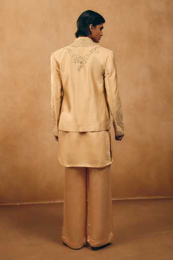 Shop_MUKTI AND KAVITH CASA_Gold Silk, Satin, Linen Embroidery, Zari Geometric Bundi And Kurta Set _at_Aza_Fashions