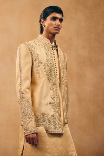 Buy_MUKTI AND KAVITH CASA_Gold Silk, Satin, Linen Embroidery, Zari Geometric Bundi And Kurta Set _Online_at_Aza_Fashions