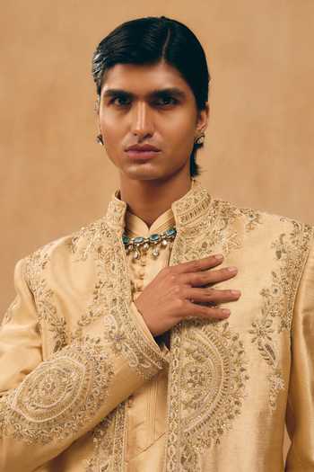 Shop_MUKTI AND KAVITH CASA_Gold Silk, Satin, Linen Embroidery, Zari Geometric Bundi And Kurta Set _Online_at_Aza_Fashions