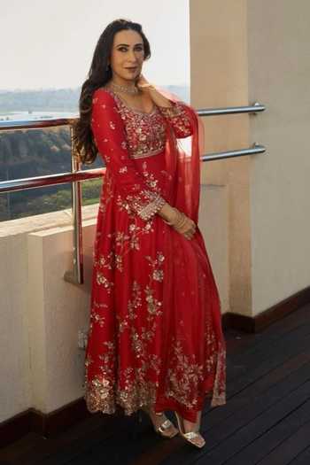 Buy_Osaa By Adarsh_Orange Silk, Net Embroidery Round Neck Floral Anarkali Set _Online_at_Aza_Fashions