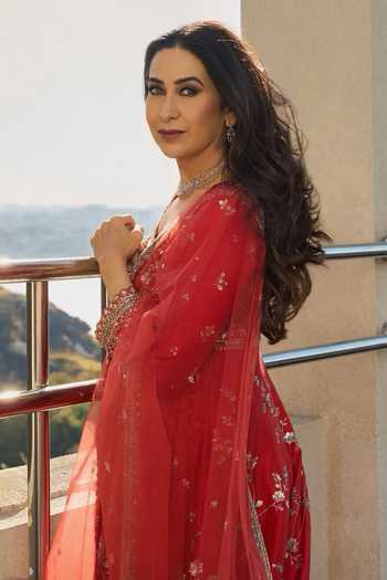 Shop_Osaa By Adarsh_Orange Silk, Net Embroidery Round Neck Floral Anarkali Set _at_Aza_Fashions
