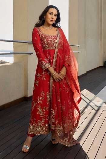 Buy_Osaa By Adarsh_Orange Silk, Net Embroidery Round Neck Floral Anarkali Set _at_Aza_Fashions