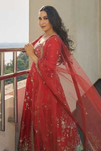 Osaa By Adarsh_Orange Silk, Net Embroidery Round Neck Floral Anarkali Set _at_Aza_Fashions