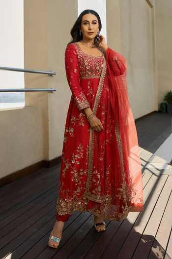 Buy_Osaa By Adarsh_Orange Silk, Net Embroidery Round Neck Floral Anarkali Set 