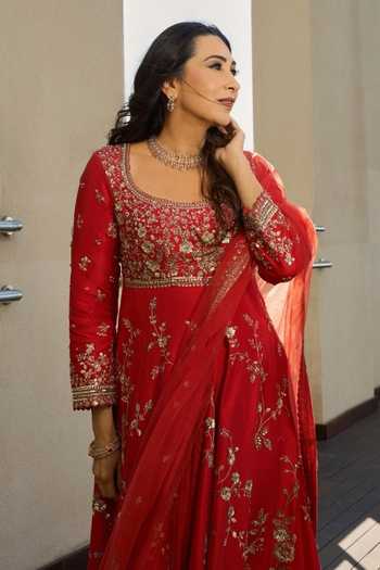Shop_Osaa By Adarsh_Orange Silk, Net Embroidery Round Neck Floral Anarkali Set 