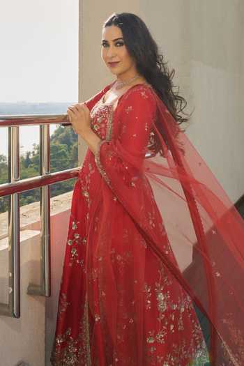 Osaa By Adarsh_Orange Silk, Net Embroidery Round Neck Floral Anarkali Set _Online