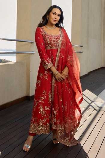 Shop_Osaa By Adarsh_Orange Silk, Net Embroidery Round Neck Floral Anarkali Set _Online