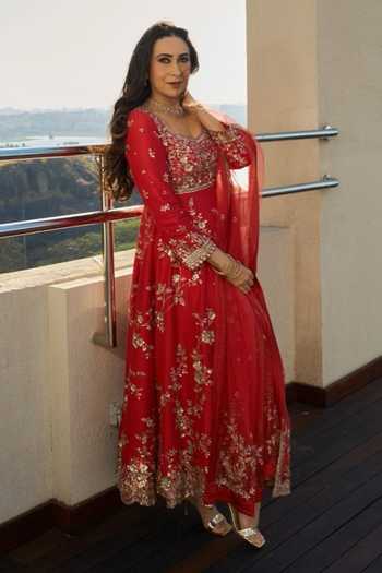Osaa By Adarsh_Orange Silk, Net Embroidery Round Neck Floral Anarkali Set 