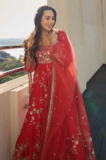 Osaa By Adarsh_Orange Silk, Net Embroidery Round Neck Floral Anarkali Set 