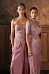 Show Shaa_Pink Satin, Net Tassels, Applique, Astra Embroidered Corset And Draped Skirt Set _at_Aza_Fashions