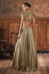 Shop_Show Shaa_Green Satin, Net Embroidery, Cut Work, Applique High Neck Eos Cape Lehenga Set _at_Aza_Fashions
