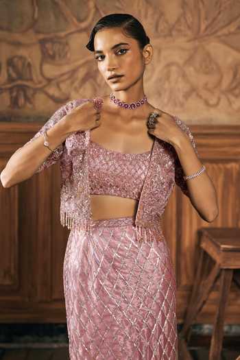Shop_Show Shaa_Pink Net Embroidery, Sequins, Stones Open Neck, Square Ariel Jacket Skirt Set _Online_at_Aza_Fashions