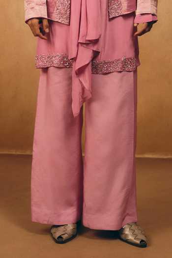 Mukti And Kavith Casa_Pink Chanderi, Crepe, Satin, Linen Embroidery, Beads Cutdana Jacket And Kurta Set _Online_at_Aza_Fashions