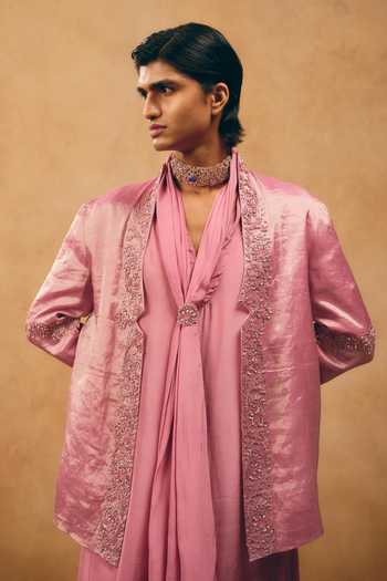 Buy_Mukti And Kavith Casa_Pink Chanderi, Crepe, Satin, Linen Embroidery, Beads Cutdana Jacket And Kurta Set _Online_at_Aza_Fashions