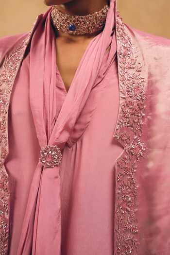 Shop_Mukti And Kavith Casa_Pink Chanderi, Crepe, Satin, Linen Embroidery, Beads Cutdana Jacket And Kurta Set _Online_at_Aza_Fashions
