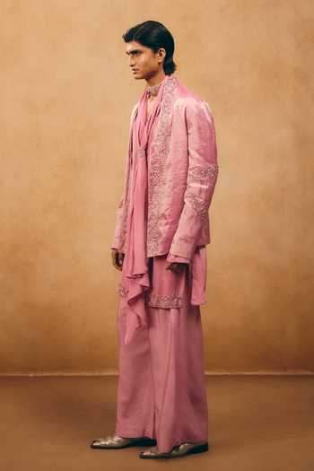Shop_Mukti And Kavith Casa_Pink Chanderi, Crepe, Satin, Linen Embroidery, Beads Cutdana Jacket And Kurta Set _at_Aza_Fashions