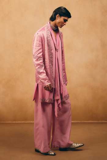 Mukti And Kavith Casa_Pink Chanderi, Crepe, Satin, Linen Embroidery, Beads Cutdana Jacket And Kurta Set _at_Aza_Fashions
