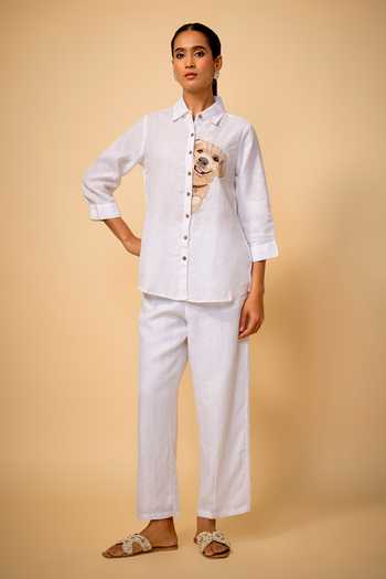 Shop_Linen Bloom_White Linen Embroidery Collared Dog Placement Shirt _at_Aza_Fashions