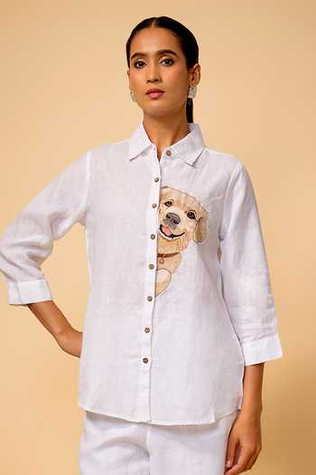 Buy_Linen Bloom_White Linen Embroidery Collared Dog Placement Shirt _at_Aza_Fashions