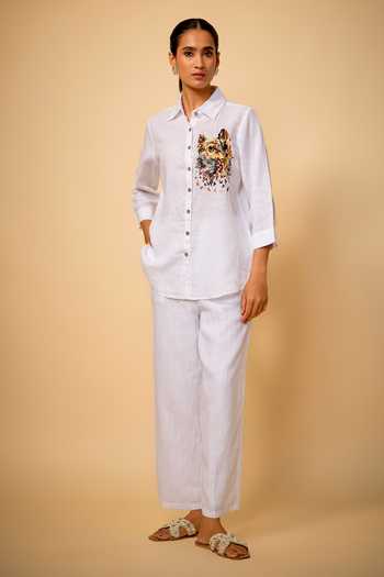 Shop_Linen Bloom_White Linen Embroidery Collared Dog Placement Shirt _at_Aza_Fashions
