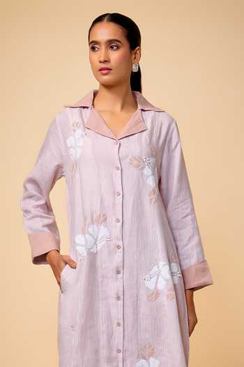 Shop_Linen Bloom_Pink Linen Collared Floral Print Dress _at_Aza_Fashions