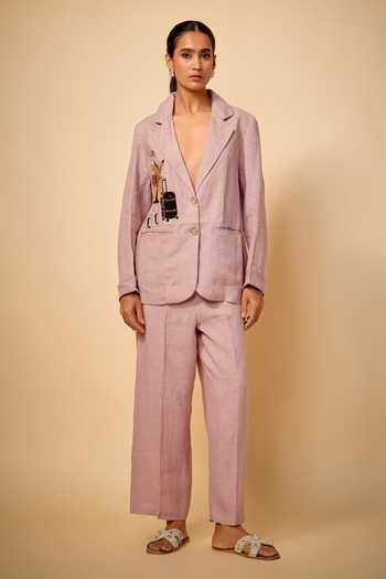 Shop_Linen Bloom_Pink Linen Embroidery Collared Travel Placement Blazer _at_Aza_Fashions