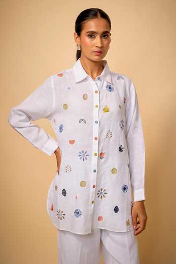 Buy_Linen Bloom_White Linen Embroidery Collared Floral Shirt _at_Aza_Fashions