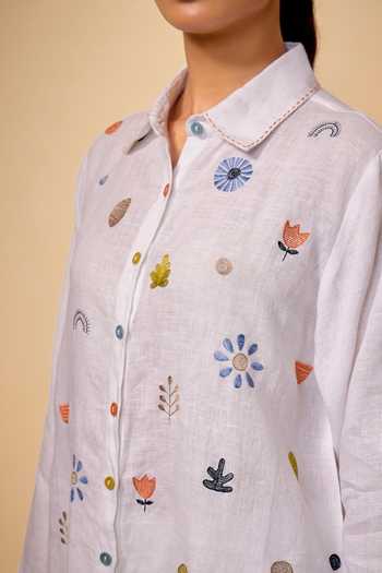Linen Bloom_White Linen Embroidery Collared Floral Shirt _Online_at_Aza_Fashions