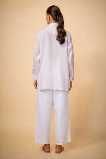 Shop_Linen Bloom_White Linen Embroidery Collared Floral Shirt _at_Aza_Fashions