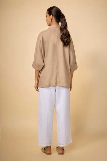 Shop_Linen Bloom_Brown Linen Collared Dogs Placement Embroidered Shirt _at_Aza_Fashions