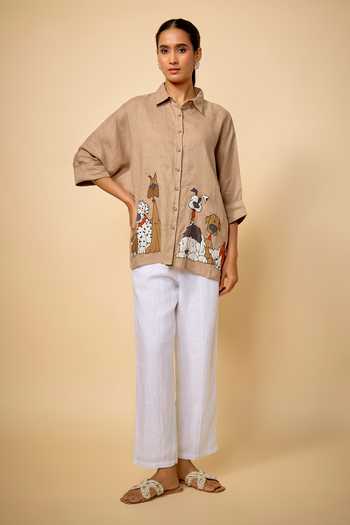 Linen Bloom_Brown Linen Collared Dogs Placement Embroidered Shirt _Online_at_Aza_Fashions