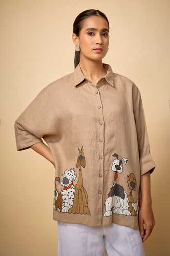 Buy_Linen Bloom_Brown Linen Collared Dogs Placement Embroidered Shirt _at_Aza_Fashions