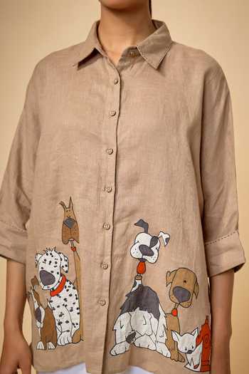 Buy_Linen Bloom_Brown Linen Collared Dogs Placement Embroidered Shirt _Online_at_Aza_Fashions
