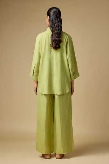 Shop_Linen Bloom_Green Linen Embroidery Collared Floral Shirt And Pant Set _at_Aza_Fashions