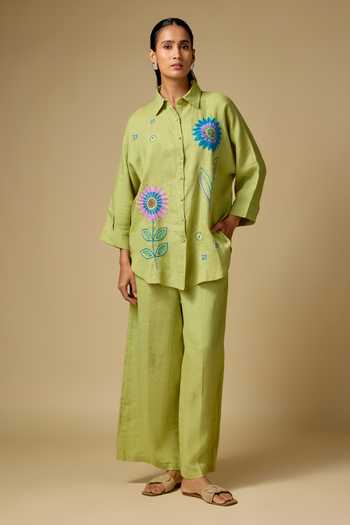 Buy_Linen Bloom_Green Linen Embroidery Collared Floral Shirt And Pant Set _at_Aza_Fashions