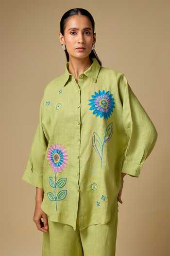 Buy_Linen Bloom_Green Linen Embroidery Collared Floral Shirt And Pant Set _Online_at_Aza_Fashions