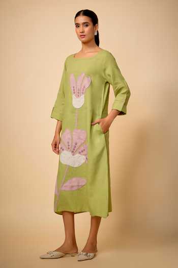 Buy_Linen Bloom_Green Linen Applique Square Neck Floral Embroidered Dress _at_Aza_Fashions