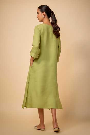 Shop_Linen Bloom_Green Linen Applique Square Neck Floral Embroidered Dress _at_Aza_Fashions