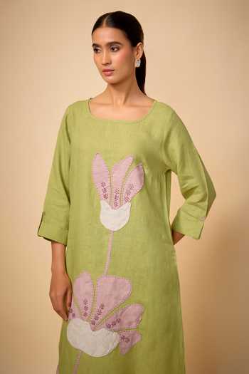 Linen Bloom_Green Linen Applique Square Neck Floral Embroidered Dress _Online_at_Aza_Fashions