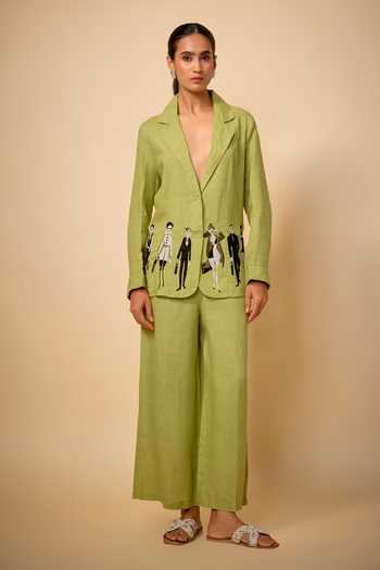 Linen Bloom_Green Linen Embroidery Doodle Pure Blazer _Online_at_Aza_Fashions