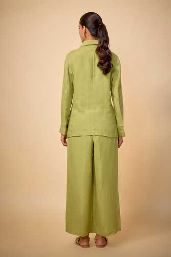 Shop_Linen Bloom_Green Linen Embroidery Doodle Pure Blazer _at_Aza_Fashions