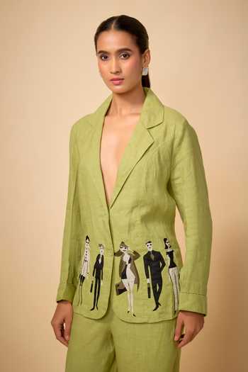 Buy_Linen Bloom_Green Linen Embroidery Doodle Pure Blazer _at_Aza_Fashions