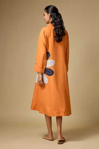 Shop_Linen Bloom_Orange Linen Embroidery, Applique Collared Floral Dress _at_Aza_Fashions