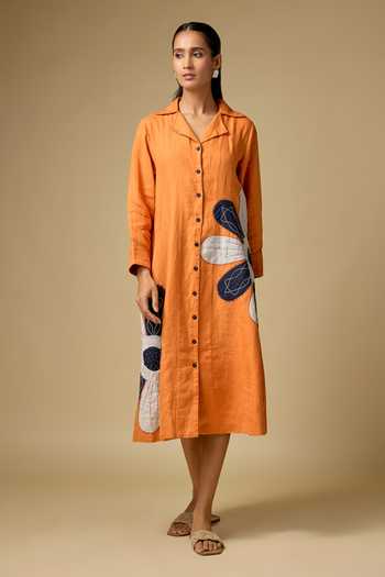Buy_Linen Bloom_Orange Linen Embroidery, Applique Collared Floral Dress _at_Aza_Fashions