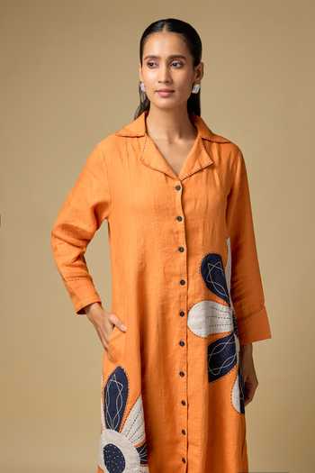 Linen Bloom_Orange Linen Embroidery, Applique Collared Floral Dress _Online_at_Aza_Fashions
